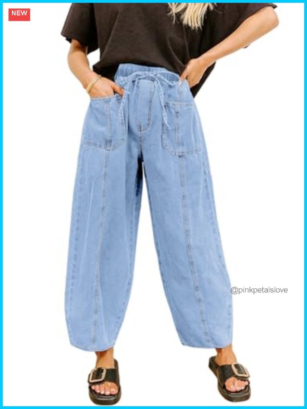 Sidefeel Womens Barrel Jeans Drawstring Baggy Denim Pants